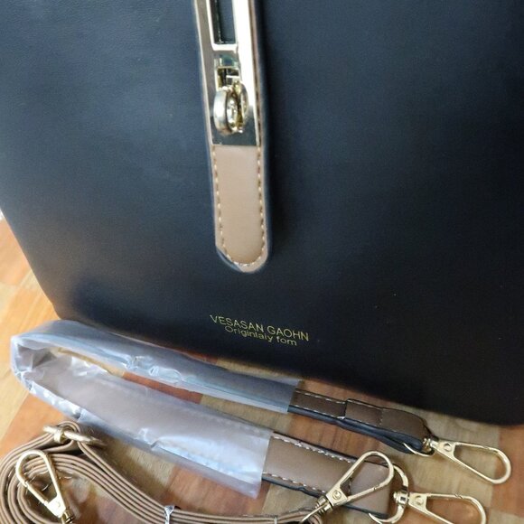 Vasasan Gaohn Black Hand Bag Purse Bag Gold Tone Hardware Zip and Buckle Closure - Picture 1 of 9